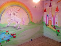 a child's bedroom decorated in pink and green with a unicorn mural on the wall