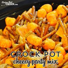 the crock pot cheesy party mix is ready to be eaten