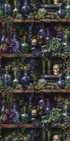 a shelf filled with lots of vases and skulls on top of eachother