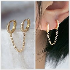 One PCS Brilliant Crystal Zircon 3 Metal Color Chain Earring | Uniqistic.com Connected Earrings, Double Piercing, Long Chain Earrings, Earrings Double, Piercing Earrings, Long Tassel Earrings, Gold Ear Cuff, Party Earrings, Sterling Silver Hoop Earrings