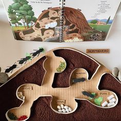 a wooden puzzle with animals and plants on it next to a book about life cycle