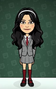 a cartoon girl with long black hair wearing a school uniform and red socks, standing in front of a green background