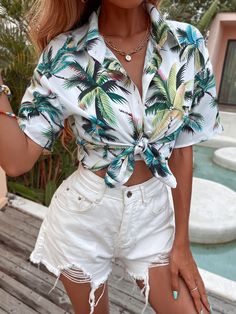 Blanco Bohemio Collar manga corta Poliéster Tropical Camisa Embellished No-Elástico Verano Tops & Blusas & Camisetas de Mujer Hawaiian Party Outfit, Hawaiian Shirt Outfit, Luau Outfits, Short Blanc, Hawaii Outfits, Drop Shoulder Shirt, Fest Outfits