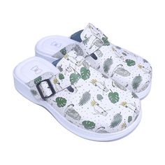 PARROT Themed Professional Women's Clogs, 100% Handmade, Comfortable Nurse and Doctor Shoes, High Heel Clogs, Nursing Shoes by AgataAlessa on Etsy White Closed Toe Slippers With Removable Insole, White Non-slip Round Toe Clogs, White Slip-on Slippers With Removable Insole, White Round Toe Mules With Rubber Sole, White Casual Slippers With Ortholite Insole, White Clogs With Removable Insole And Round Toe, Comfortable White Round Toe Mules, Comfortable White Clogs With Rubber Sole, White Clogs With Cushioned Footbed And Round Toe