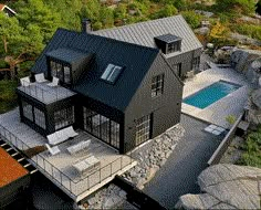 an aerial view of a house with a pool in the backyard and trees surrounding it