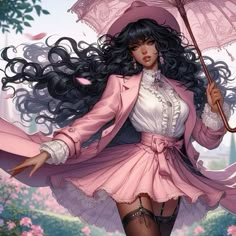 a woman with long black hair holding an umbrella in front of pink flowers and trees