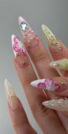 Nails Inspiration 3d Flowers, Nail Inspo Coffin 3d Flower, Baddie Nails Acrylic 3d Flowers, 3d Flower Nails Stiletto, Stilleto Kawaii Nails, Spring Acrylic Nails, Colored Acrylic Nails