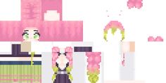 an image of a pixel art scene with pink flowers and green leaves in the background