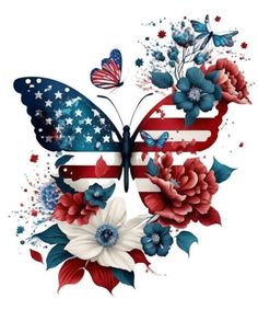 an american flag butterfly with red, white and blue flowers on it's wings