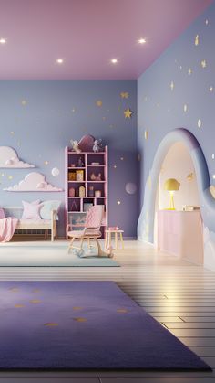 a child's bedroom decorated in pastel colors with stars and clouds on the walls