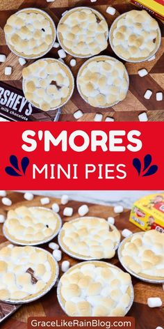 mini s'mores pies on a cutting board with marshmallows