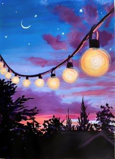 an acrylic painting of some lights hanging from a line with trees in the background