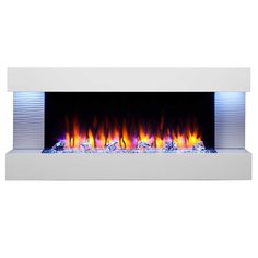 an electric fireplace with bright flames on the side and blue flame coming out from it