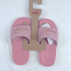 Puma Blush Pink With Rise Gold Lettering. Nwt Size 1 Puma Slides, Baby Princess, Pumas Shoes, Photoshoot Outfits, Flip Flop Sandals, Slides, Blush Pink, Kids Shoes, Shoes Sandals