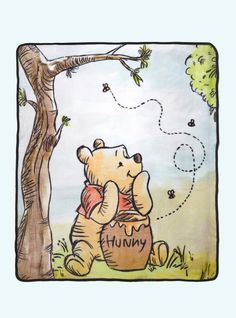 a winnie the pooh bear sitting in front of a tree holding a honey pot