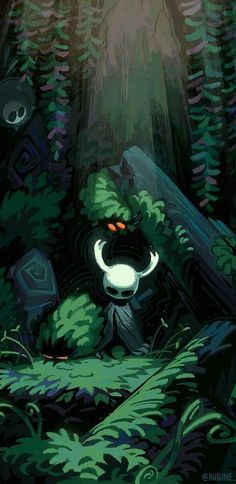 a cartoon character sitting in the middle of a forest surrounded by plants and trees with light coming from above