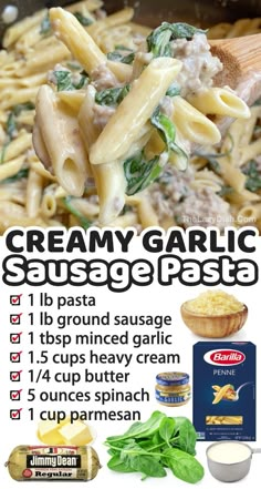 the recipe for creamy garlic sausage pasta is shown in this poster with instructions on how to make it