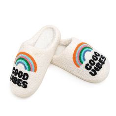 RAINBOW GOOD VIBES SLIPPERS Casual White Slippers For Relaxation, Casual Super Soft Slippers For Relaxation, Comfortable Multicolor Slippers For Spring, Comfortable Multicolor Slip-on Slippers, Comfortable Multicolor Flat Slippers, Trendy White Indoor Slippers, Rainbow Slippers, Cozy Slippers, Baby Ready