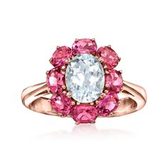 Ross-Simons - 1.10ct Aquamarine Flower Ring, 1.60ct t. w. Pink Tourmalines. Size 5. Indulge in a floral gemstone fantasy. This vibrant ring features a 1.10 carat oval aquamarine beaming inside pretty 1.60 ct. t. w. oval pink tourmaline petals. Finely crafted in polished 14kt rose gold. 1/2" wide. Pink tourmaline and aquamarine flower ring. Aquamarine birthstones are the perfect gift for March birthdays. Aquamarine Birthstone, March Birthday, Flower Ring, Pink Tourmaline, Aquamarine, Earings Piercings, Tourmaline, Beautiful Jewelry, Jewelry Rings