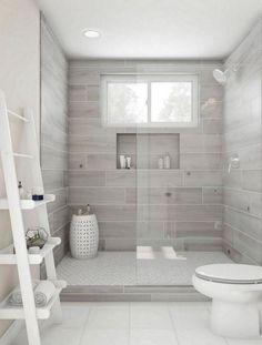 a white toilet sitting in a bathroom next to a shower and sink with a ladder