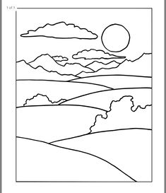 a black and white landscape with mountains, clouds and the sun in the sky coloring page