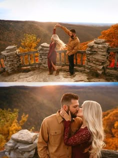 a man and woman standing on top of a mountain next to each other with their arms around each other