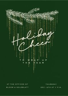 the holiday cheer flyer is shown in green and gold with white lettering that reads,