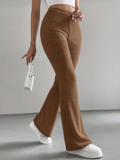 Marrón Casual Collar  Tela Liso Pierna amplia Embellished Elástico Alto Trendy Pants For Women, Flare Pants Outfit, Ribbed Flare Pants, Classy Pants, Free Pants, Trendy Pants, Shein Pants, Stil Elegant, Looks Street Style