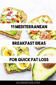 four sandwiches with avocado, eggs and tomatoes on them are shown in three different ways