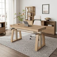 a wooden desk sitting on top of a rug in front of a book shelf and window