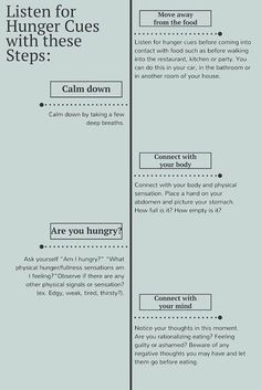 Mindful Eating Series Part 2 Listen for hunger cues using these steps. Hunger Cues, Dieting Tips, Clinical Nutrition, Millionaire Shortbread, Improve Your Relationship, Food Freedom, Protein Snack, Anti Dieting