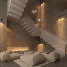 modern living room with fireplace and stairs