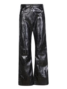 These black Croco trousers by MSGM present an irreverent and sensual design, ideal for an alternative look Mid rise. Front button and zip fastening. Two side pockets. Two rear pockets. Rear logo patch. All-over crocodile print. Straight leg. Flared. Straight hem. Color: black Material: 100% Polyamide Crocodile Leather Pants, Crocodile Pants, Tacky Fashion, Crocodile Print, Black Trousers, Printed Pants, Yoga Wear, Fashion Killa, Luxury Retail