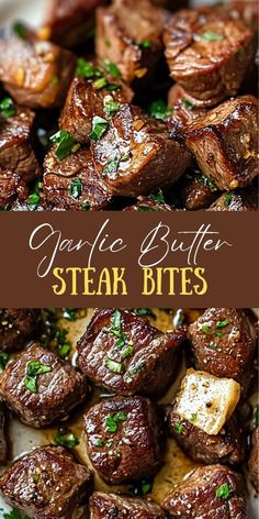 steak bites with parsley on top and the words, you're better steak bites