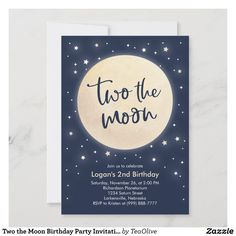 two the moon birthday party card with blue background and stars on it, in front of a