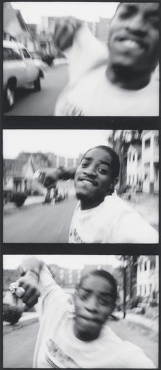 three black and white photos of young men in the street, one is holding a baseball bat