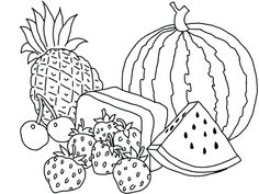 a black and white drawing of fruit including watermelon, pineapple, strawberries