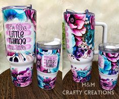 the tumbler is decorated with colorful flowers and saying it's the little things in life