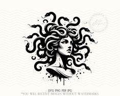 a black and white drawing of a woman's head with an octopus like hair