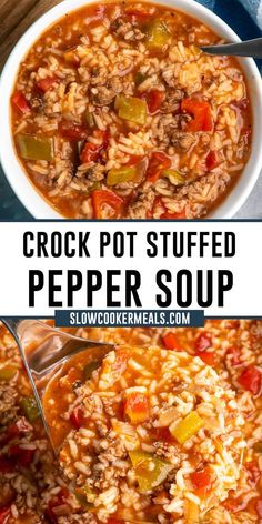 crock pot stuffed pepper soup in a white bowl