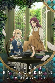 two anime characters sitting at a table in front of an open window with the words violett evergarden written on it