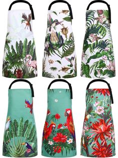 four aprons with tropical designs on them, one is green and the other has red flowers