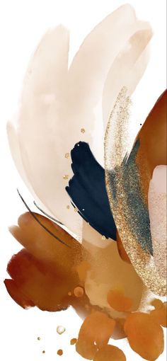 an abstract painting with gold and blue feathers on it's back side, against a white background