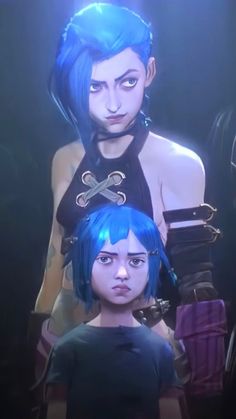 two anime characters with blue hair standing next to each other