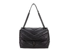 Rebecca Minkoff Edie Maxi Shoulder - Handbags : Black 1 : Carry all your essentials in style with Rebecca Minkoff Edie Maxi Shoulder bag. Constructed of leather with a textile lining. Chain and banded shoulder strap. Magnetic snap closure with decorative clasp on center front. V stitching pattern. Interior side zip compartment. Flat bottom for support. Imported. Measurements: Bottom Width: 13 in Depth: 4 1 2 in Height: 9 in Strap Length: 25 in Strap Drop: 12 in Weight: 1 lb 9 oz Please note, the Formal Flap Shoulder Bag With Leather Trim, Black Shellac, Rebecca Minkoff Crossbody Bag, Pattern Interior, Handbags Black, Arm Candy, Black Handbags, Shoulder Handbags, Rebecca Minkoff