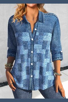 Patchwork Denim-effect Print Denim Blue Shirt Collar Blouse Shirt Collar Pattern, Blouse Size Chart, Plaid Shirts, Fall Wear, Graduation Outfit, Plaid Design, Printed Denim, Women Shirts Blouse, Collar Blouse