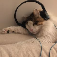 a cat laying on top of a couch with headphones around it's neck