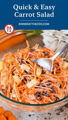 carrot salad in a glass bowl with text overlay