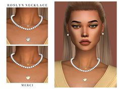 three different views of a woman's face with pearls and gold jewelry on her neck