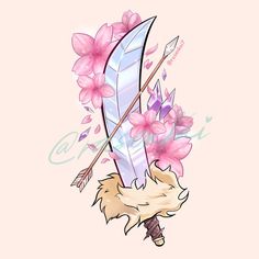 a drawing of an arrow and flowers on a pink background